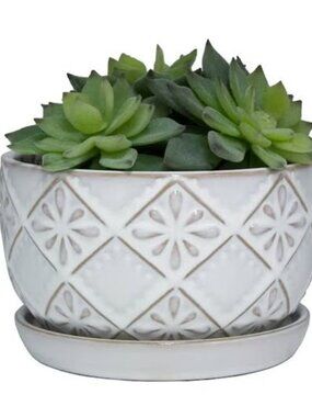 White Embossed Ceramic Indoor Planter w/Attached Saucer Round Plant Pot, 6"